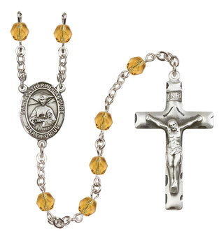 Silver Plated 6mm Fire Polished Saint Catherine Laboure Rosary in Topaz
