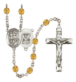 Silver Plated 6mm Fire Polished Saint George / Navy Rosary in Topaz