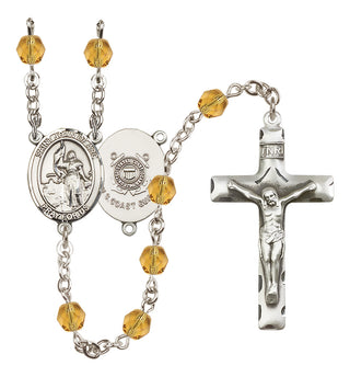 Silver Plated 6mm Fire Polished Saint Joan of Arc /Coast Guard Rosary in Topaz
