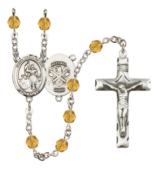 Silver Plated 6mm Fire Polished Saint Joan of Arc / Nat'l Guard Rosary in Topaz