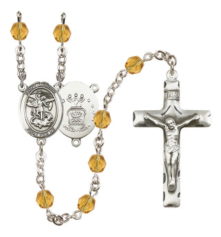 Silver Plated 6mm Fire Polished Saint Michael / Air Force Rosary in Topaz