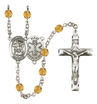 Silver Plated 6mm Fire Polished Saint Michael/1St Responder Rosary in Topaz