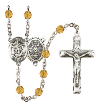 Silver Plated 6mm Fire Polished Saint Michael the Archangel/Policeman Rosary in Topaz