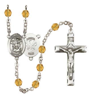 Silver Plated 6mm Fire Polished Saint Michael / Nat'l Guard Rosary in Topaz