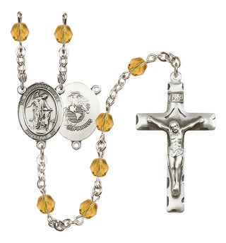 Silver Plated 6mm Fire Polished Guardian Angel / Marine Corp Rosary in Topaz
