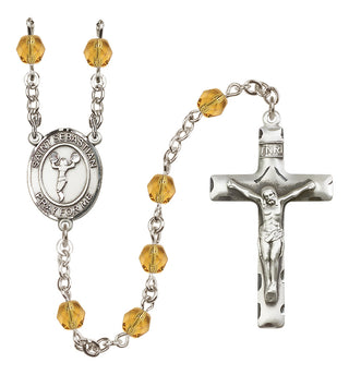 Silver Plated 6mm Fire Polished Saint Sebastian/Cheerleading Rosary in Topaz
