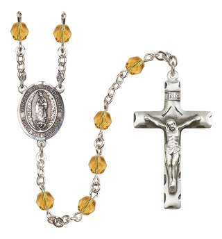 Silver Plated 6mm Fire Polished Virgen de Guadalupe Rosary in Topaz