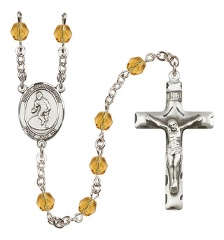 Silver Plated 6mm Fire Polished Saint Christopher/Wrestling Rosary in Topaz