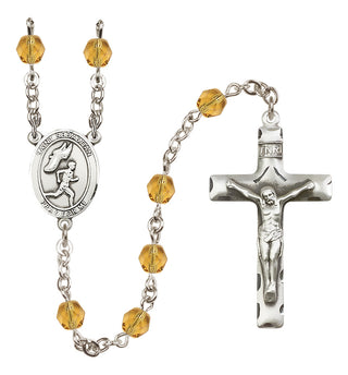 Silver Plated 6mm Fire Polished Saint Sebastian /Track&Field-Men Rosary in Topaz