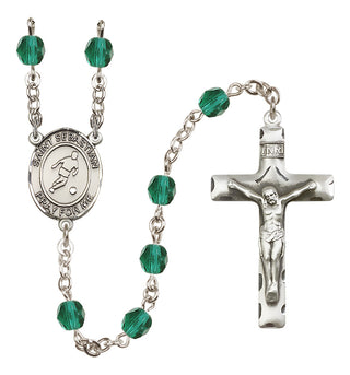 Silver Plated 6mm Fire Polished Saint Sebastian/Soccer Rosary in Zircon