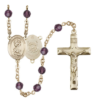 14 Karat Gold 6mm Austrian Crystal Saint Christopher / Coast Guard Rosary in Amethyst