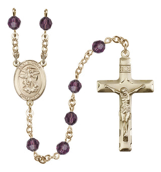 14 Karat Gold 6mm Austrian Crystal Saint Michael the Archangel Rosary in Amethyst