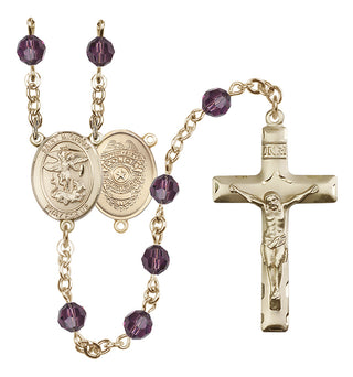 14 Karat Gold 6mm Austrian Crystal Saint Michael the Archangel/Policeman Rosary in Amethyst