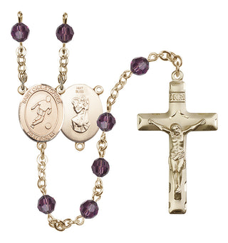 14 Karat Gold 6mm Austrian Crystal Saint Christopher/Soccer Rosary in Amethyst