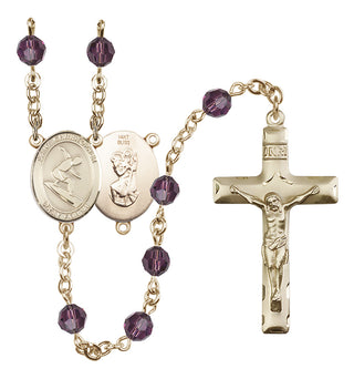 14 Karat Gold 6mm Austrian Crystal Saint Christopher/Surfing Rosary in Amethyst
