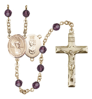 14 Karat Gold 6mm Austrian Crystal Saint Christopher/Water Polo Men Rosary in Amethyst