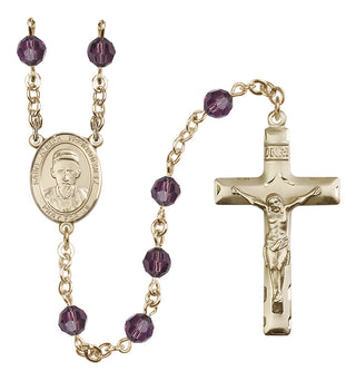14 Karat Gold 6mm Austrian Crystal Saint Joseph Freinademetz Rosary in Amethyst