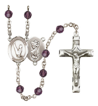 Sterling Silver 6mm Austrian Crystal Saint Christopher/Gymnastics Rosary in Amethyst
