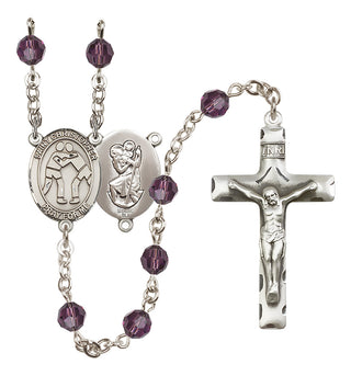 Sterling Silver 6mm Austrian Crystal Saint Christopher/Wrestling Rosary in Amethyst