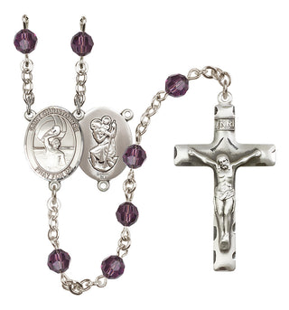 Sterling Silver 6mm Austrian Crystal Saint Christopher/Water Polo Men Rosary in Amethyst