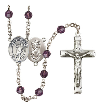 Sterling Silver 6mm Austrian Crystal Saint Christopher/Lacrosse Rosary in Amethyst