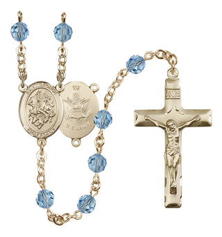 14 Karat Gold-Filled 6mm Austrian Crystal Saint George / Army Rosary in Aqua