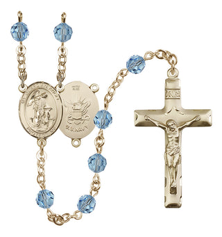 14 Karat Gold-Filled 6mm Austrian Crystal Guardian Angel / Navy Rosary in Aqua