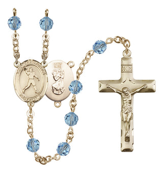 14 Karat Gold-Filled 6mm Austrian Crystal Saint Christopher/Football Rosary in Aqua