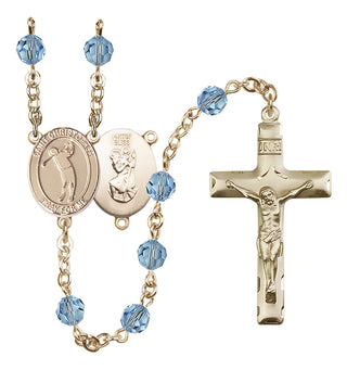 14 Karat Gold-Filled 6mm Austrian Crystal Saint Christopher/Golf Rosary in Aqua