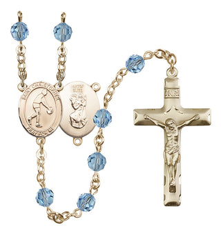 14 Karat Gold-Filled 6mm Austrian Crystal Saint Christopher/Basketball Rosary in Aqua