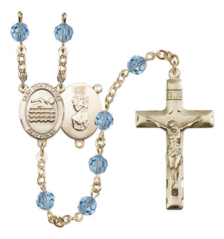 14 Karat Gold-Filled 6mm Austrian Crystal Saint Christopher/Swimming Rosary in Aqua