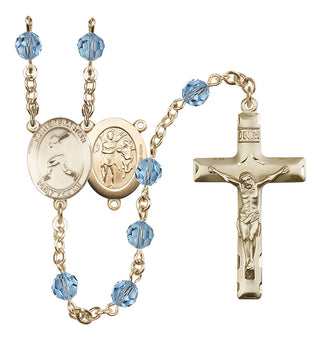 14 Karat Gold-Filled 6mm Austrian Crystal Saint Sebastian/Baseball Rosary in Aqua