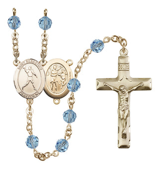 14 Karat Gold-Filled 6mm Austrian Crystal Saint Sebastian/Football Rosary in Aqua