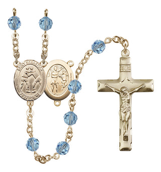 14 Karat Gold-Filled 6mm Austrian Crystal Saint Sebastian/Wrestling Rosary in Aqua
