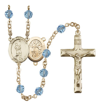 14 Karat Gold-Filled 6mm Austrian Crystal Saint Sebastian/Lacrosse Rosary in Aqua