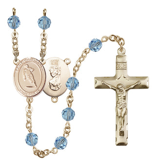 14 Karat Gold-Filled 6mm Austrian Crystal Saint Christopher / Rugby Rosary in Aqua