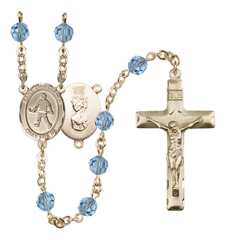 14 Karat Gold-Filled 6mm Austrian Crystal Saint Christopher / Field Hockey Rosary in Aqua