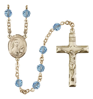 14 Karat Gold-Filled 6mm Austrian Crystal Saint Therese of Lisieux Rosary in Aqua