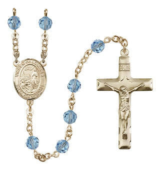 14 Karat Gold-Filled 6mm Austrian Crystal Virgen del Lourdes Rosary in Aqua