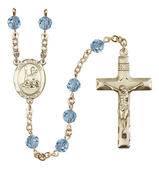 14 Karat Gold-Filled 6mm Austrian Crystal Saint Honorius of Amiens Rosary in Aqua