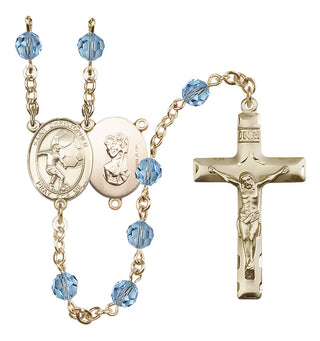 14 Karat Gold-Filled 6mm Austrian Crystal Saint Christopher/Soccer Rosary in Aqua