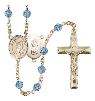 14 Karat Gold-Filled 6mm Austrian Crystal Saint Christopher/Lacrosse Rosary in Aqua