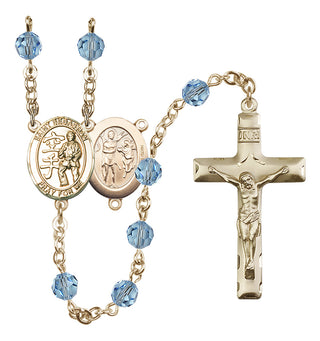 14 Karat Gold-Filled 6mm Austrian Crystal Saint Sebastian/Karate Rosary in Aqua