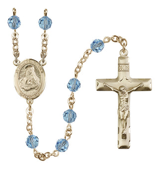 14 Karat Gold 6mm Austrian Crystal Saint Frances Cabrini Rosary in Aqua