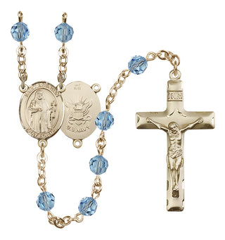 14 Karat Gold 6mm Austrian Crystal Saint Brendan the Navigator/Navy Rosary in Aqua
