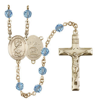 14 Karat Gold 6mm Austrian Crystal Saint Christopher / Air Force Rosary in Aqua