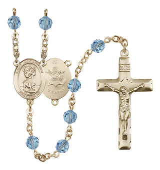 14 Karat Gold 6mm Austrian Crystal Saint Christopher / Army Rosary in Aqua