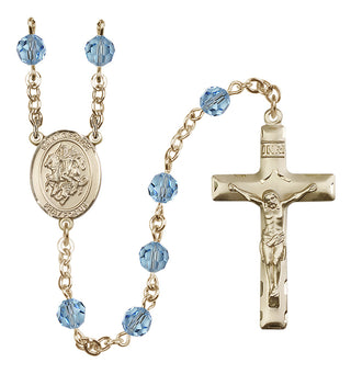 14 Karat Gold 6mm Austrian Crystal Saint George Rosary in Aqua