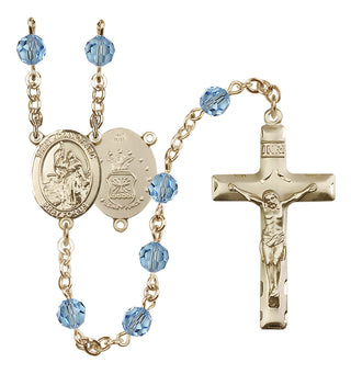 14 Karat Gold 6mm Austrian Crystal Saint Joan of Arc / Air Force Rosary in Aqua