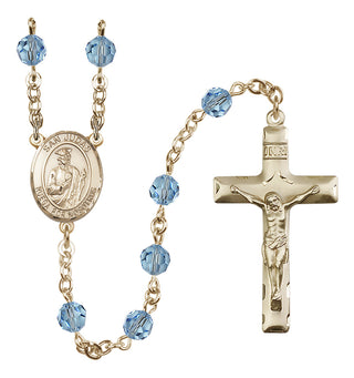 14 Karat Gold 6mm Austrian Crystal San Judas Rosary in Aqua